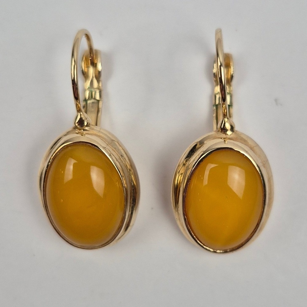 LS Marked Earrings Womens 1" Gold Tone Yellow Cabochon Amber Style Classic 1"